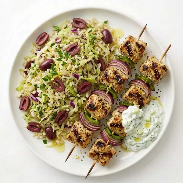 Greek lemon chicken kebabs with tzatziki and kalamata cabbage rice